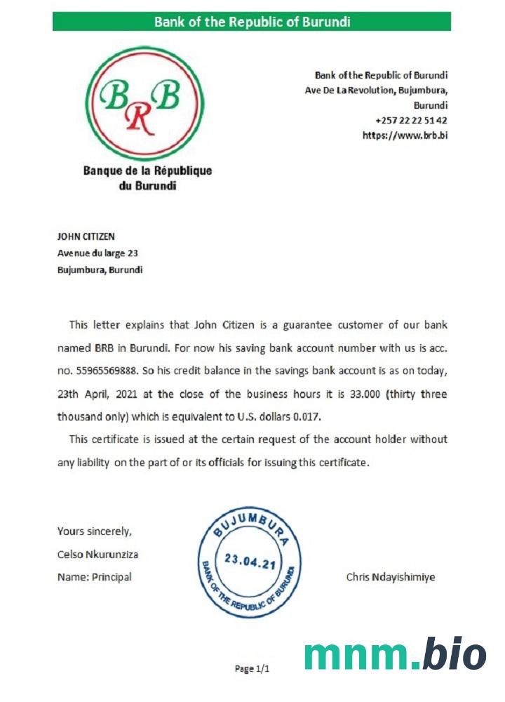 Burundi Bank Republiki Burundi przykład odniesienia w formatach Word i PDF